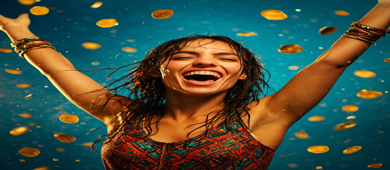 abc77 মুদ্রার ঝরনায় রঙিন পোশাকে এক নারী